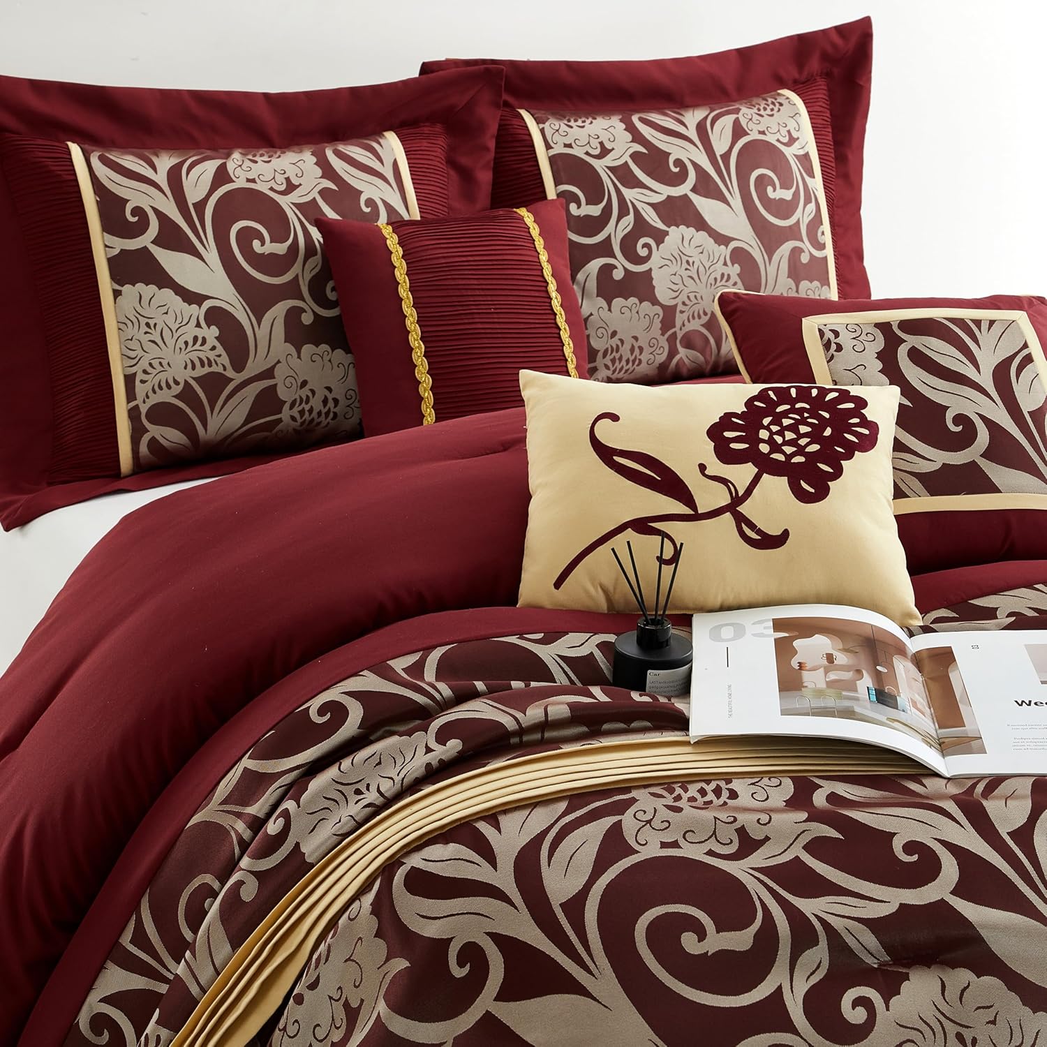 Stratford Park Jacquard 7-Piece Comforter Bedding Set, Red, Queen Size, Floral Bedding Set, Matching Bedskirt, Pillows & Shams - Image 3