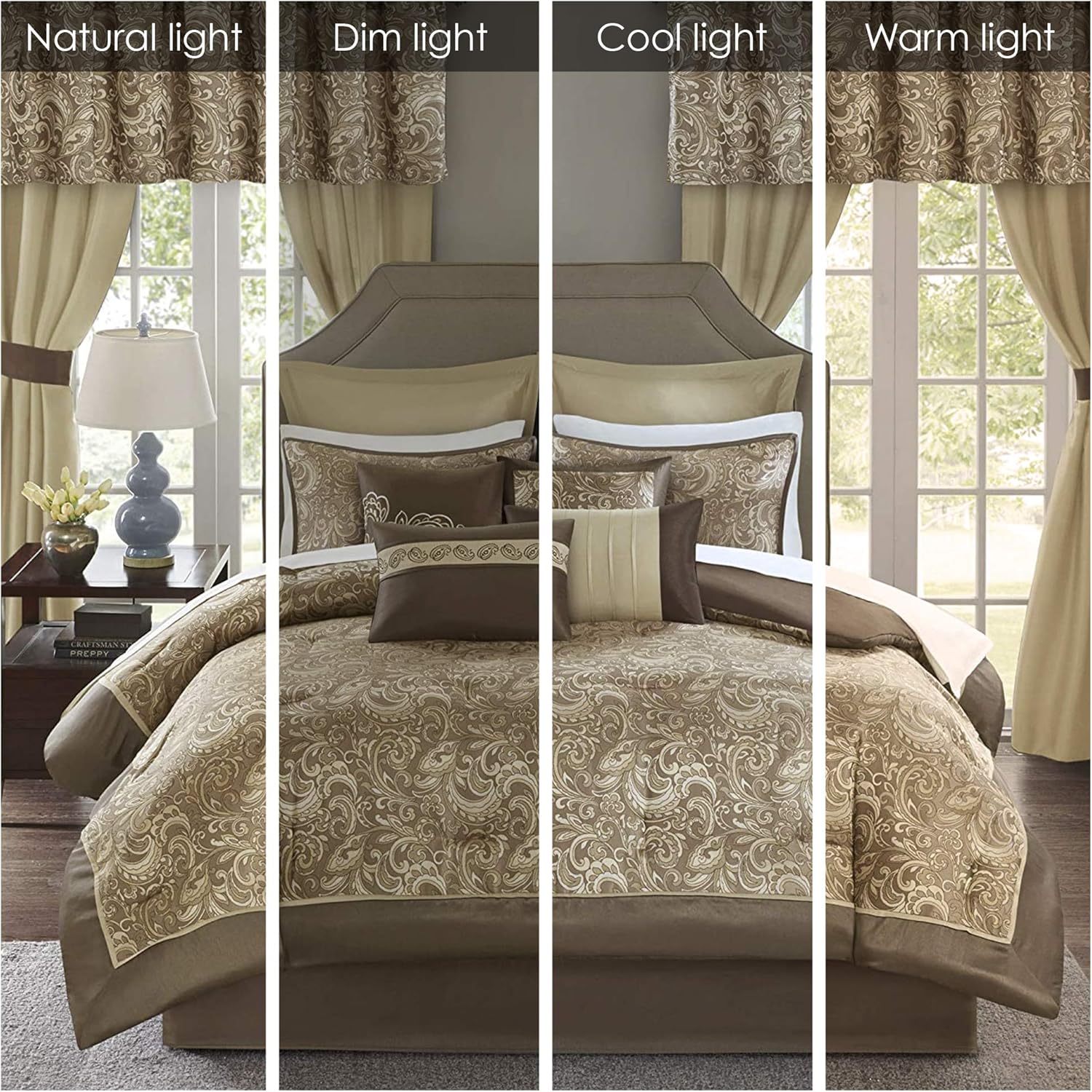 Madison Park Essentials Brystol 24 Piece Room in a Bag Faux Silk Comforter Jacquard Paisley Design Matching Curtains Down Alternative Hypoallergenic All Season Bedding-Set, King(104"x92"), Brown - Image 2