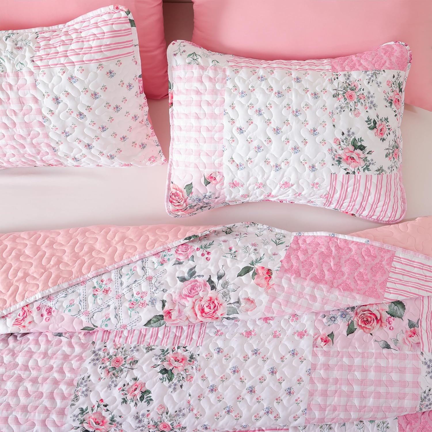 YIKUSH Quilt Sets Queen Size Floral Quilt Set 3 Pieces Bedding Set Bedspreads Pink Comforter Blanket with 2 Pillow Cases- Ultra Soft Floral Coverlet with Printed Pattern 90in.x 90in - Image 3