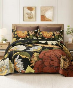 3 Piece Black Boho Floral Full/Queen Quilt Sets Reversible Farmhouse Botanical Lightweight Bedspread Coverlet with 2 Shams Mid Century Microfiber Fall Bedding Quilts Set for All Season,90''x96''