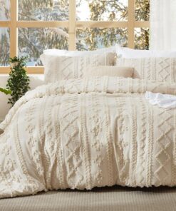 Bedsure Tufted Boho Comforter Set Queen Size - Beige Boho Bed Set, GentleSoft™ 3 Pieces Farmhouse Shabby Chic Embroidery Bedding, Gifts for Woman, Soft Jacquard Queen Comforter for All Seasons