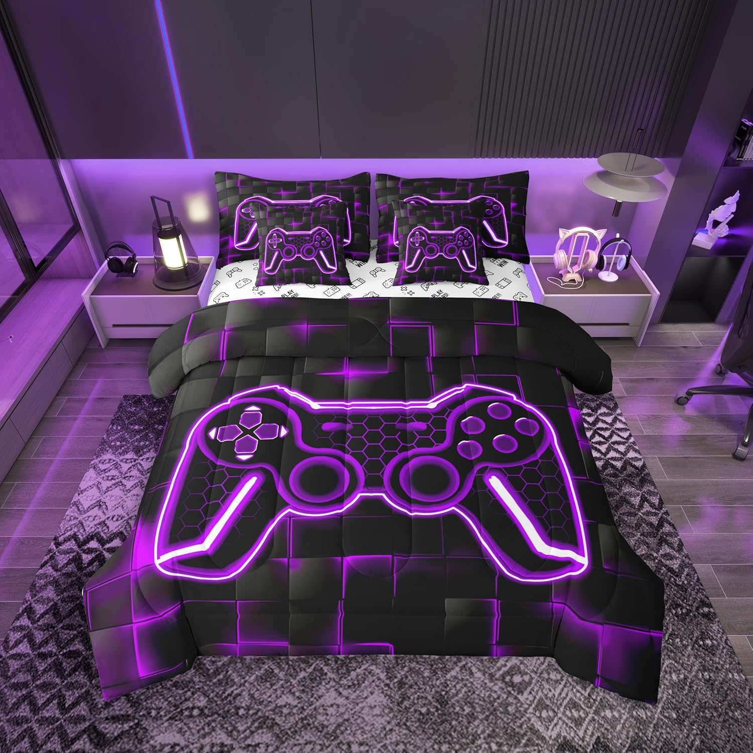 Feelyou Gamer Bedding Set Gamepad Comforter Set with Sheets 7 Piece for Boys Gaming Gifts Bed in a Bag Full Game Controller Red Bed Set with Comforter,Sheets,Cushion Covers - Image 26