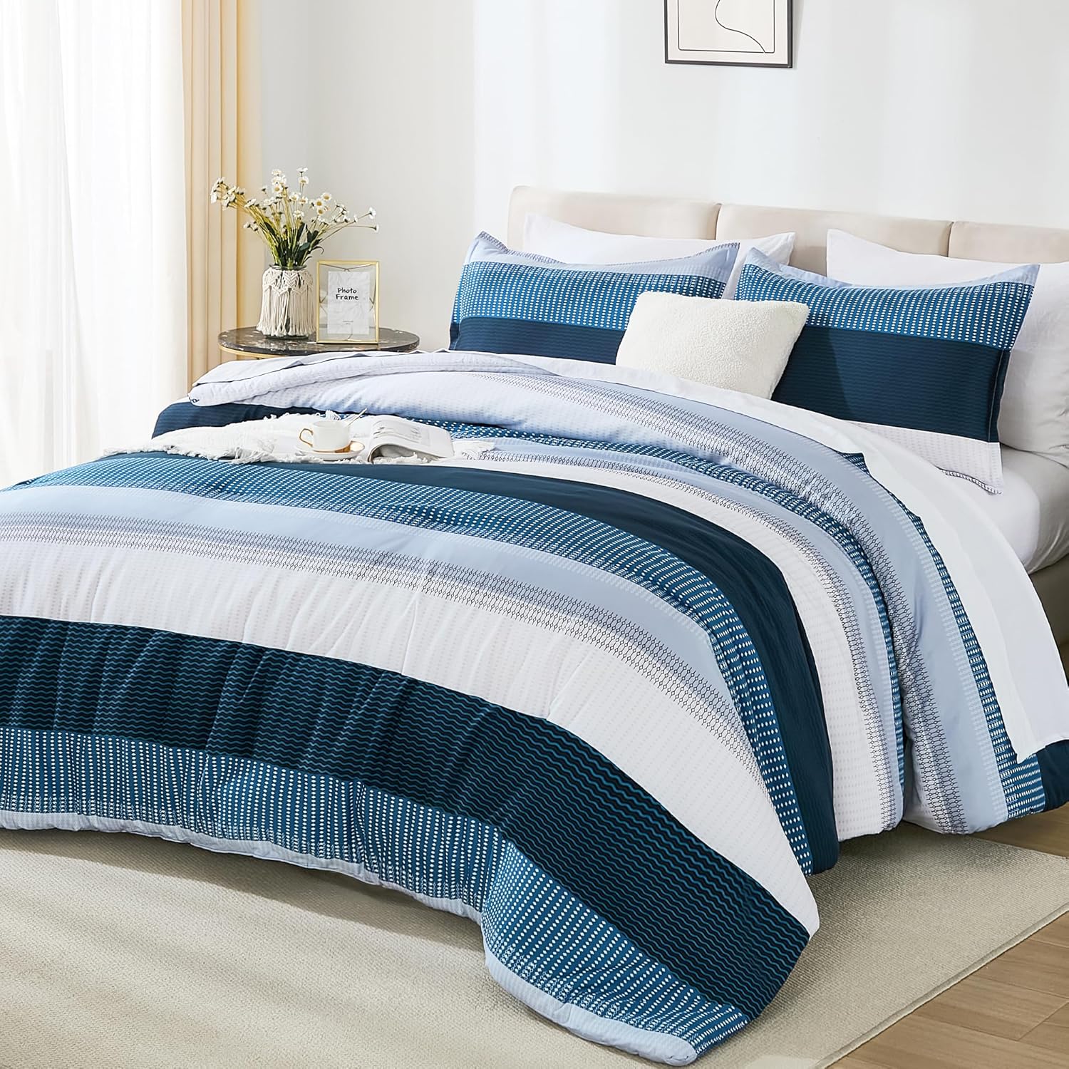 Andency Queen Comforter Set 7 Pieces Bed in a Bag - Black White Grey Striped Lightweight Soft Microfiber All Season Queen Size Bedding Set with Comforter, Fitted & Flat Sheet, Pillowcases & Shams - Image 9