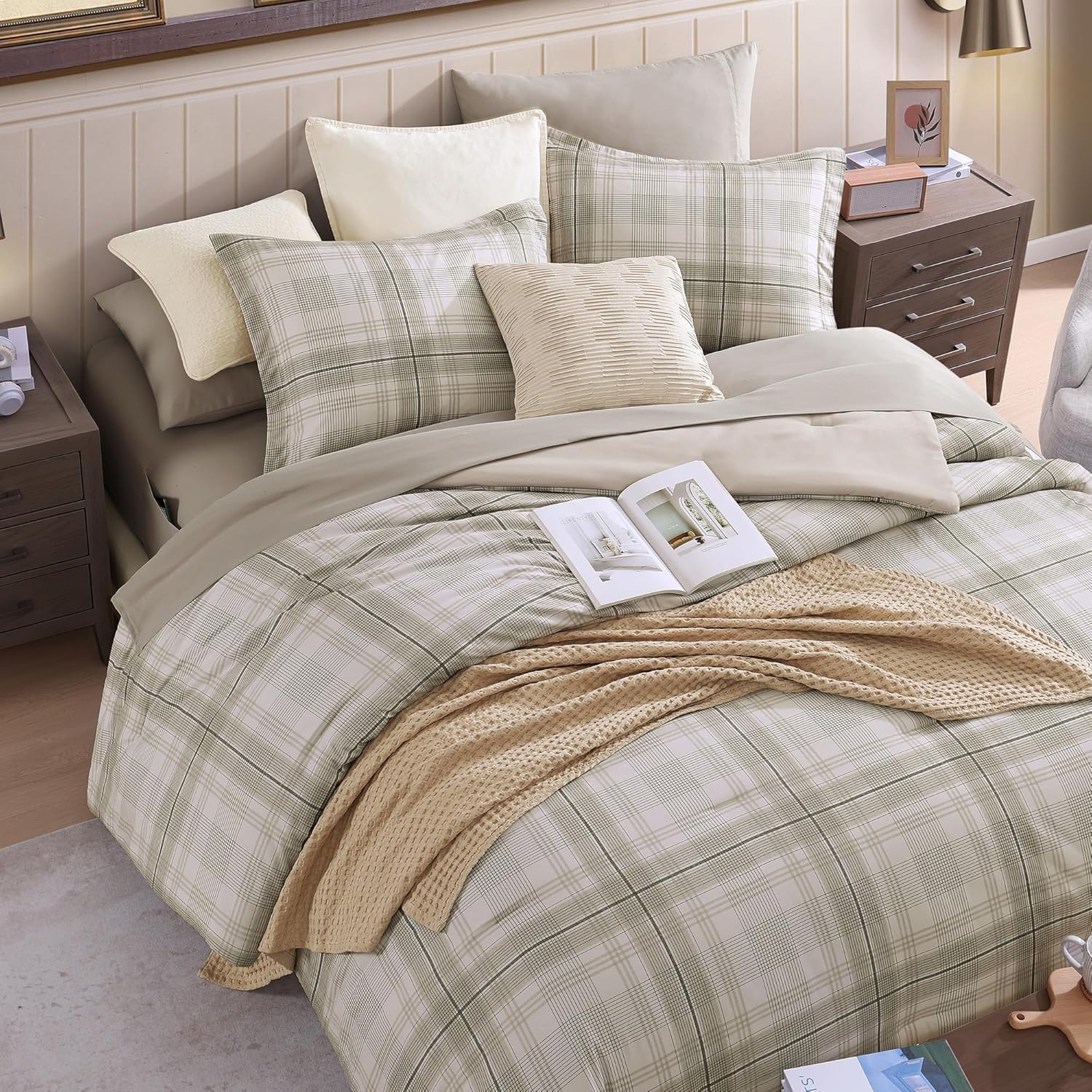 Full Size Comforter Sets, Khaki Green Plaid Bedding Set 7 Piece for Boys Girls Teen, Classic Homestead-Style Kids Comforter Set Bed in A Bag with Sheets, Pillowcases & Shams - Image 6
