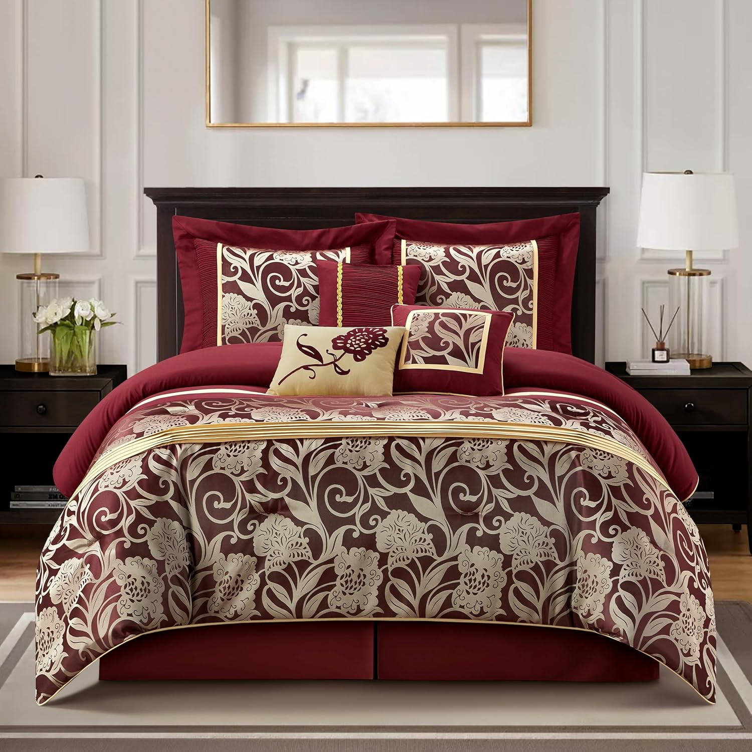 Stratford Park Jacquard 7-Piece Comforter Bedding Set, Red, Queen Size, Floral Bedding Set, Matching Bedskirt, Pillows & Shams