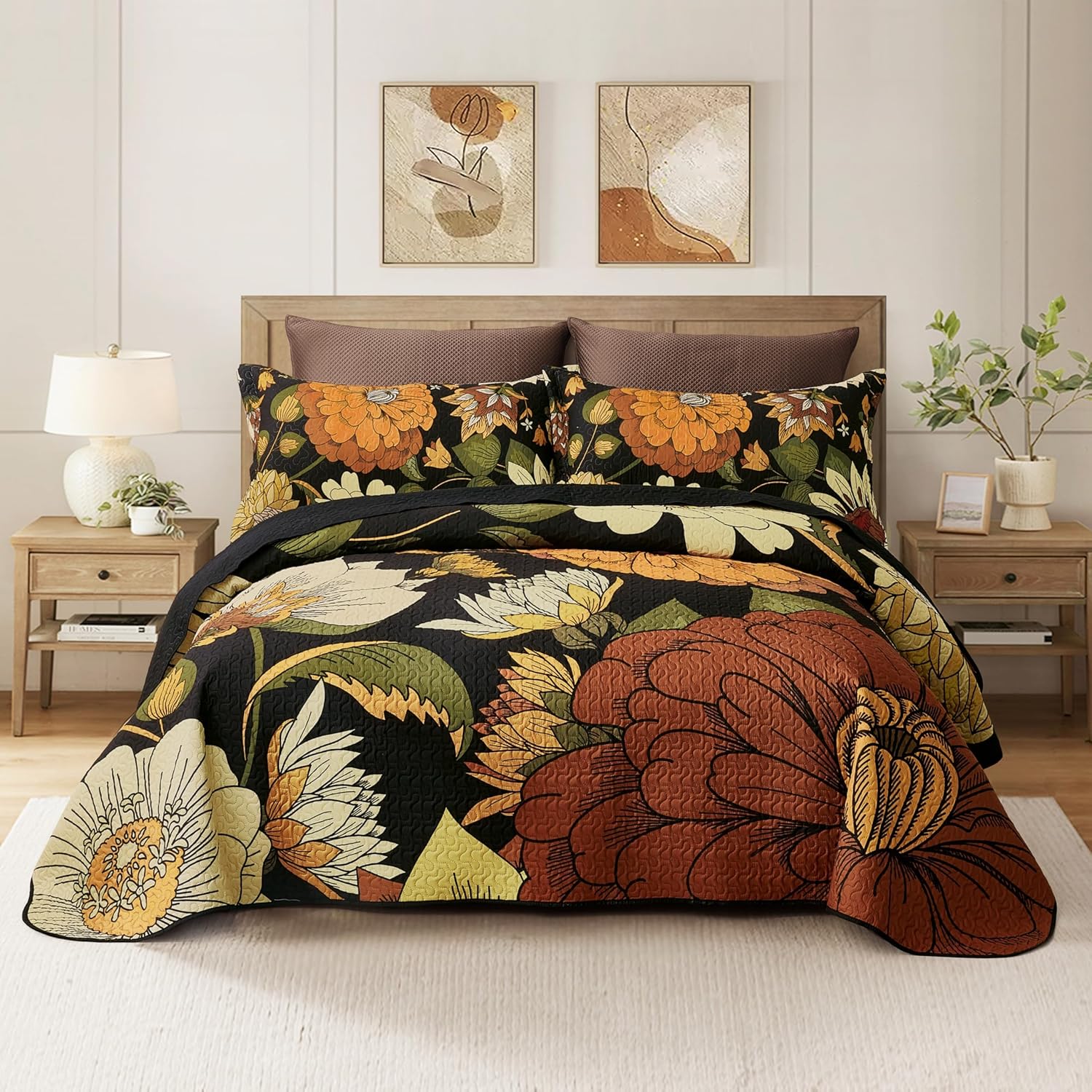 3 Piece Black Boho Floral Full/Queen Quilt Sets Reversible Farmhouse Botanical Lightweight Bedspread Coverlet with 2 Shams Mid Century Microfiber Fall Bedding Quilts Set for All Season,90''x96'' - Image 16