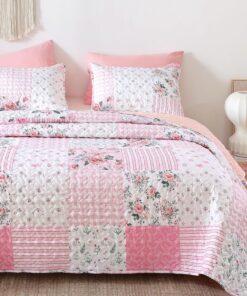 YIKUSH Quilt Sets Queen Size Floral Quilt Set 3 Pieces Bedding Set Bedspreads Pink Comforter Blanket with 2 Pillow Cases- Ultra Soft Floral Coverlet with Printed Pattern 90in.x 90in