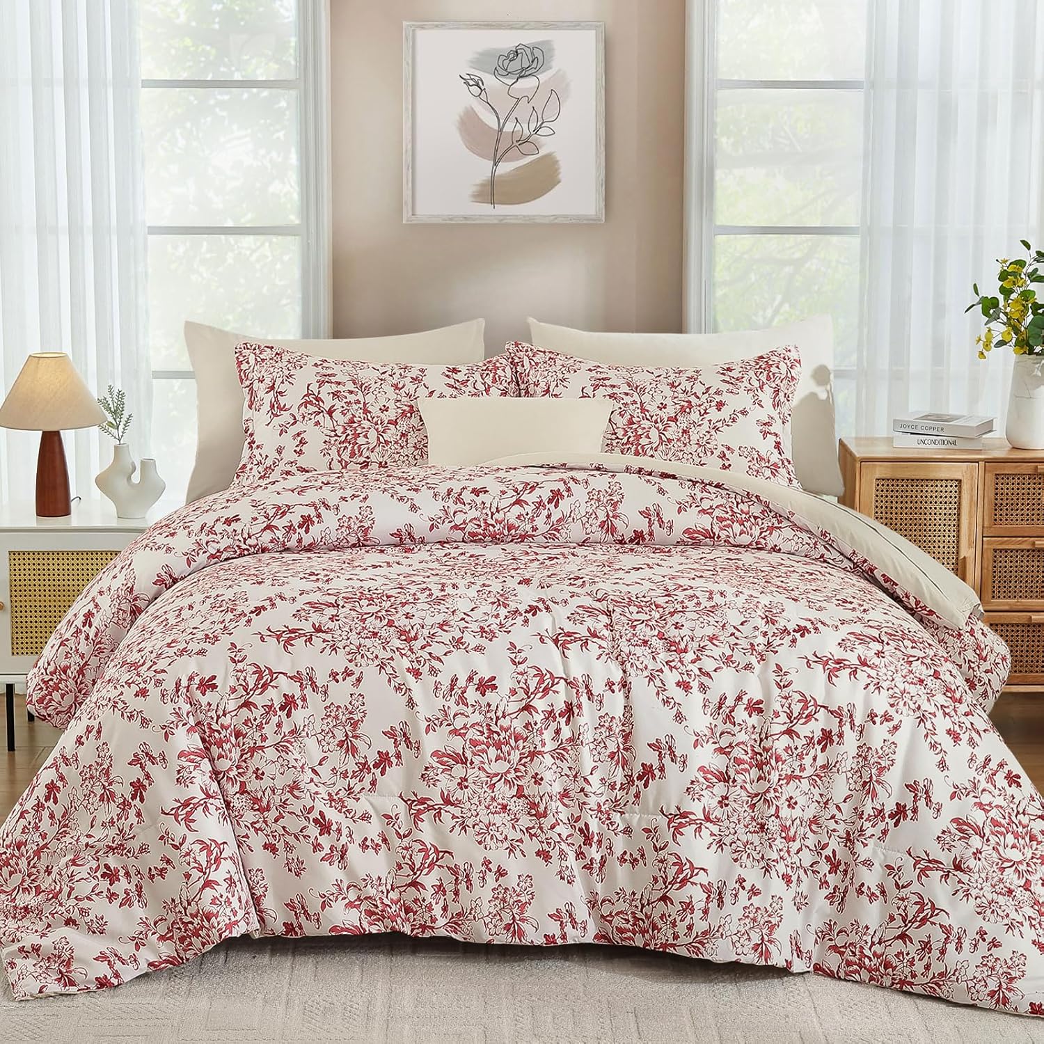 WONGS BEDDING 8 Pieces Queen Size Comforter Set Green, Sage Green Floral Bed in a Bag Comforter Sets, Soft Reversible Botanical Flowers Bedding Sets for All Season (90"x90") - Image 11