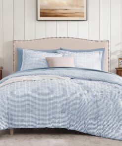 Queen Comforter Set - 7 Pieces Blue Gauze Muslin Bedding Sets for All Seasons, Lightweight Breathable Bed in a Bag Queen with Revesible Farmhouse Comforter, Sheets, Pillowcases & Shams