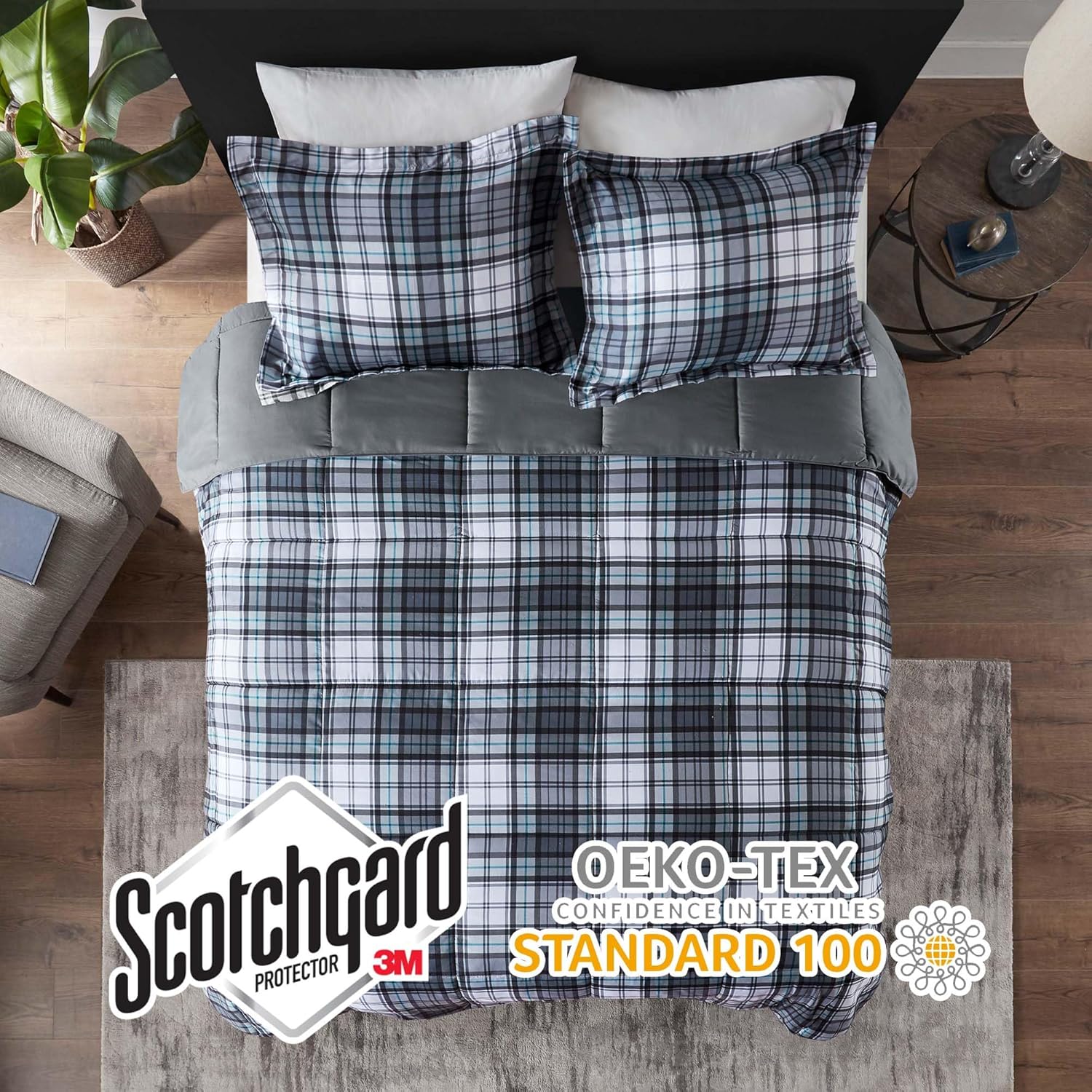 Madison Park Essentials Parkston Plaid Comforter, Matching Sham, 3M Scotchguard Stain Release Cover, Hypoallergenic All Season Bedding-Set, Full/Queen, Grey, 3 Piece - Image 3