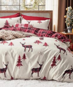 Bedsure Christmas Duvet Cover Queen - Christmas Bedding Set, Reversible Buffalo Check Printed Plaid Duvet Cover, 3 Pieces Bedding Set with 2 Pillow Shams (Queen, Reindeer)