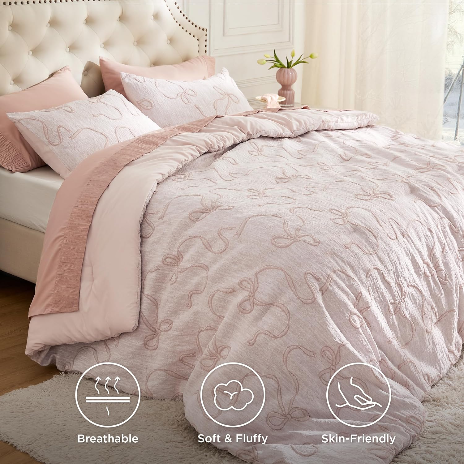 Bedsure Queen Comforter Set, Pink Boho Tufted Bed Set, 3D Puffy Jacquard Bedding Queen Size, 3 Pieces, 1 Farmhouse Shabby Chic Embroidery Comforter with Bow Pattern & 2 Pillow Cases - Image 2