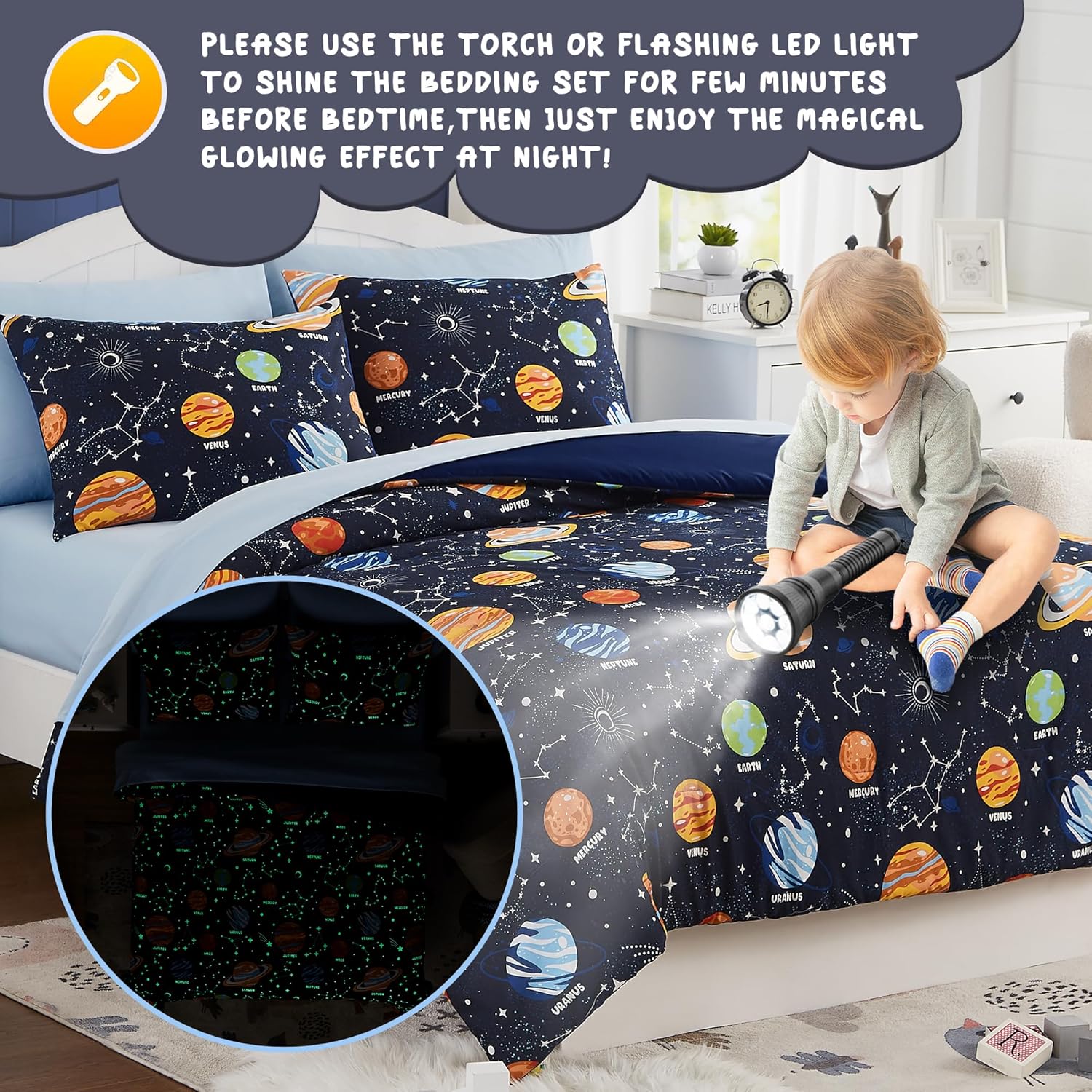Twin Kids Comforter Set - 5 Pieces Twin Bedding Sets for Boys, Glow in The Dark Space Bed in A Bag with Sheets - Image 2