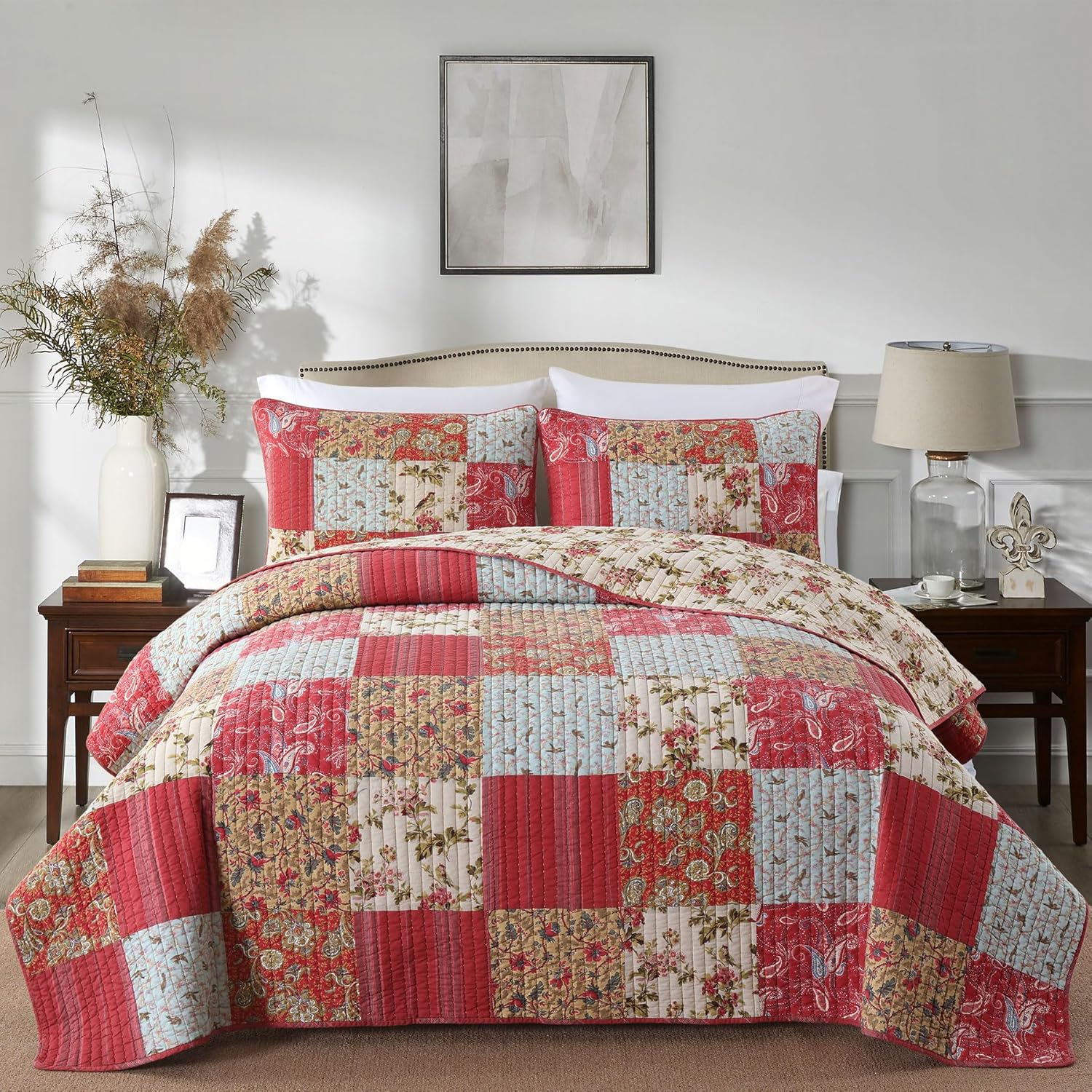 Secgo Queen Comforter Set for Bed - 100% Cotton Quilts Queen Size, Green, Sage Bedspreads (90 * 98 Inch) with 2 Pillow Shams, Patchwork Reversible Lightweight Bedding - Image 16