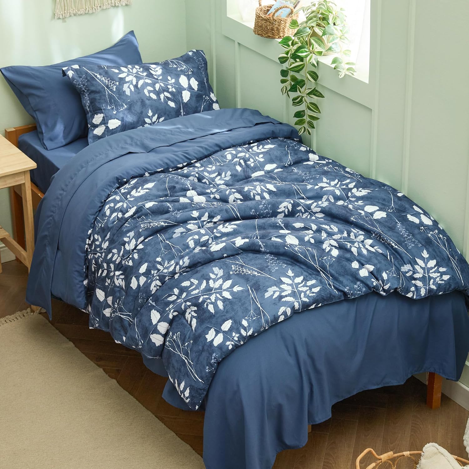 Bedsure Queen Comforter Set - 7 Pieces Floral Sage Green Soft Bedding Sets, Queen Bed in a Bag with Botanical Flowers Comforter, Sheets, Pillowcases & Shams - Image 11