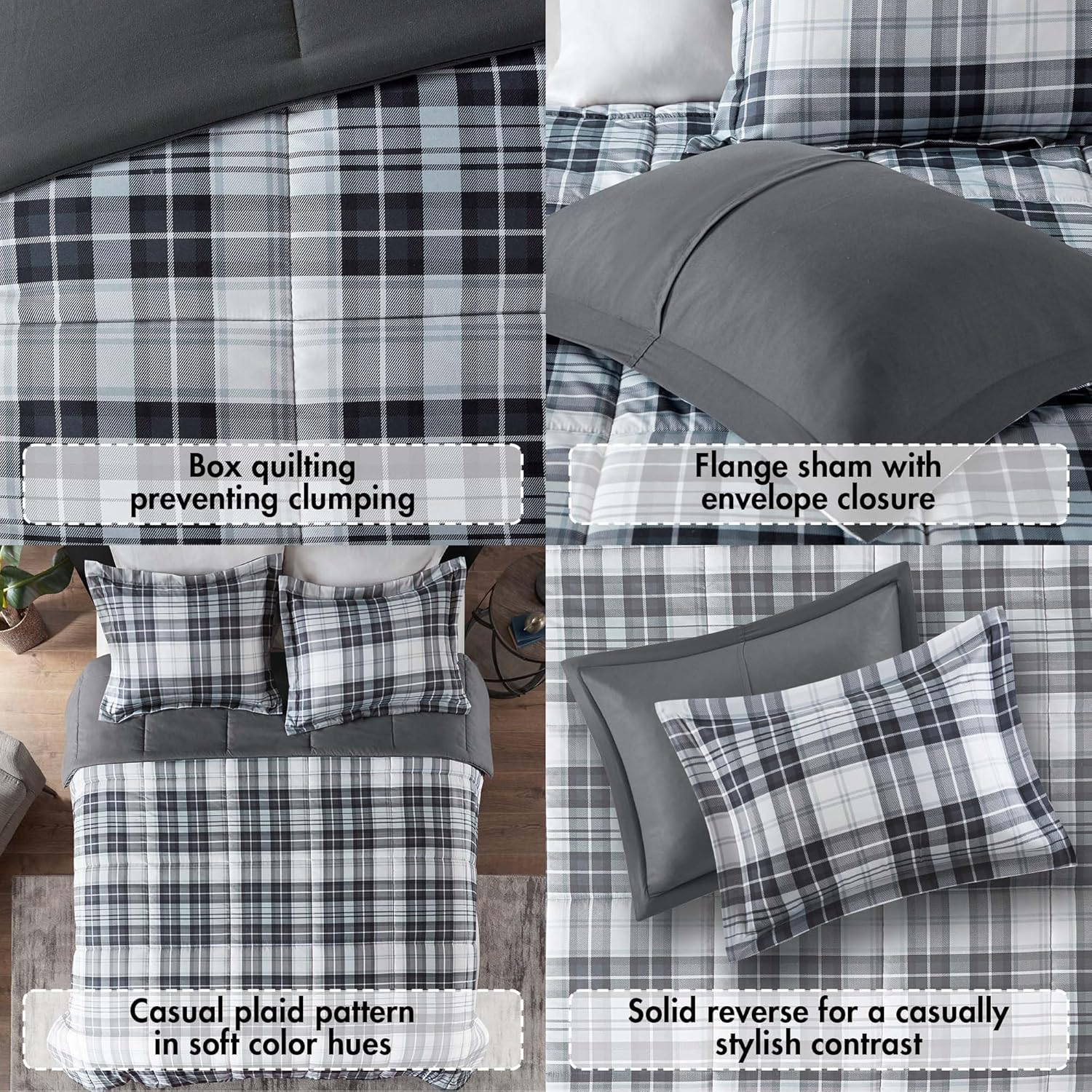 Madison Park Essentials Parkston Plaid Comforter, Matching Sham, 3M Scotchguard Stain Release Cover, Hypoallergenic All Season Bedding-Set, Full/Queen, Black, 3 Piece - Image 2