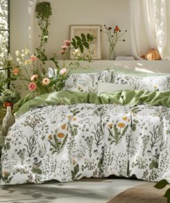 Bedsure Duvet Cover Queen Size - 100% Cotton Reversible Floral Queen Duvet Cover Set with Zipper Closure, 3 Pieces Soft & Breathable Green Bedding Set with 2 Pillow Shams 20"x26"