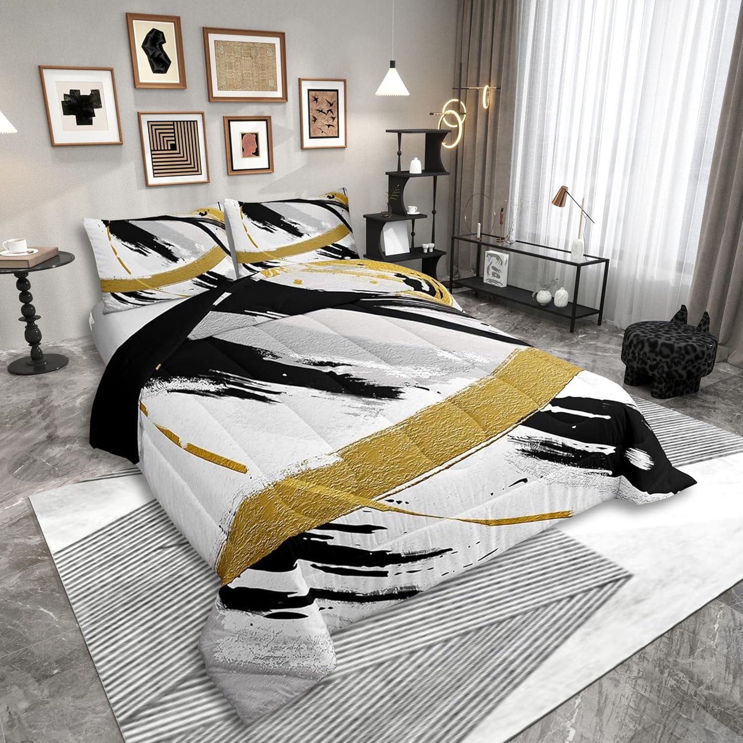 Erosebridal Black Grey Gold Comforter Set Queen Brush Strokes Oil Painting Bedding Set, Gradient Abstract Vintage Bedding Comforter Sets Ombre Graffiti Duvet Set, Contemporary Modern Quilted Comforter - Image 2