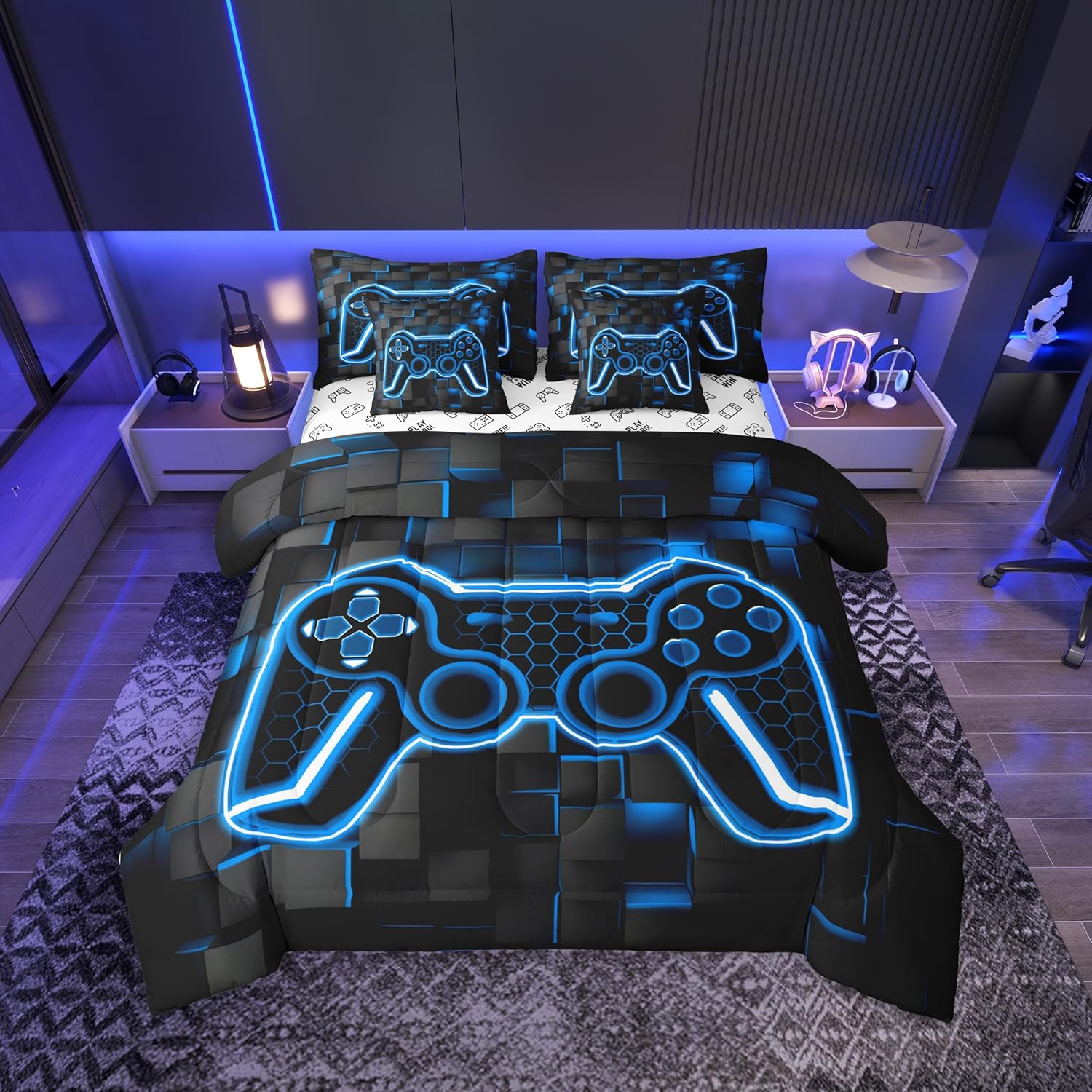 Feelyou Gamer Bedding Set Gamepad Comforter Set with Sheets 7 Piece for Boys Gaming Gifts Bed in a Bag Full Game Controller Red Bed Set with Comforter,Sheets,Cushion Covers - Image 21