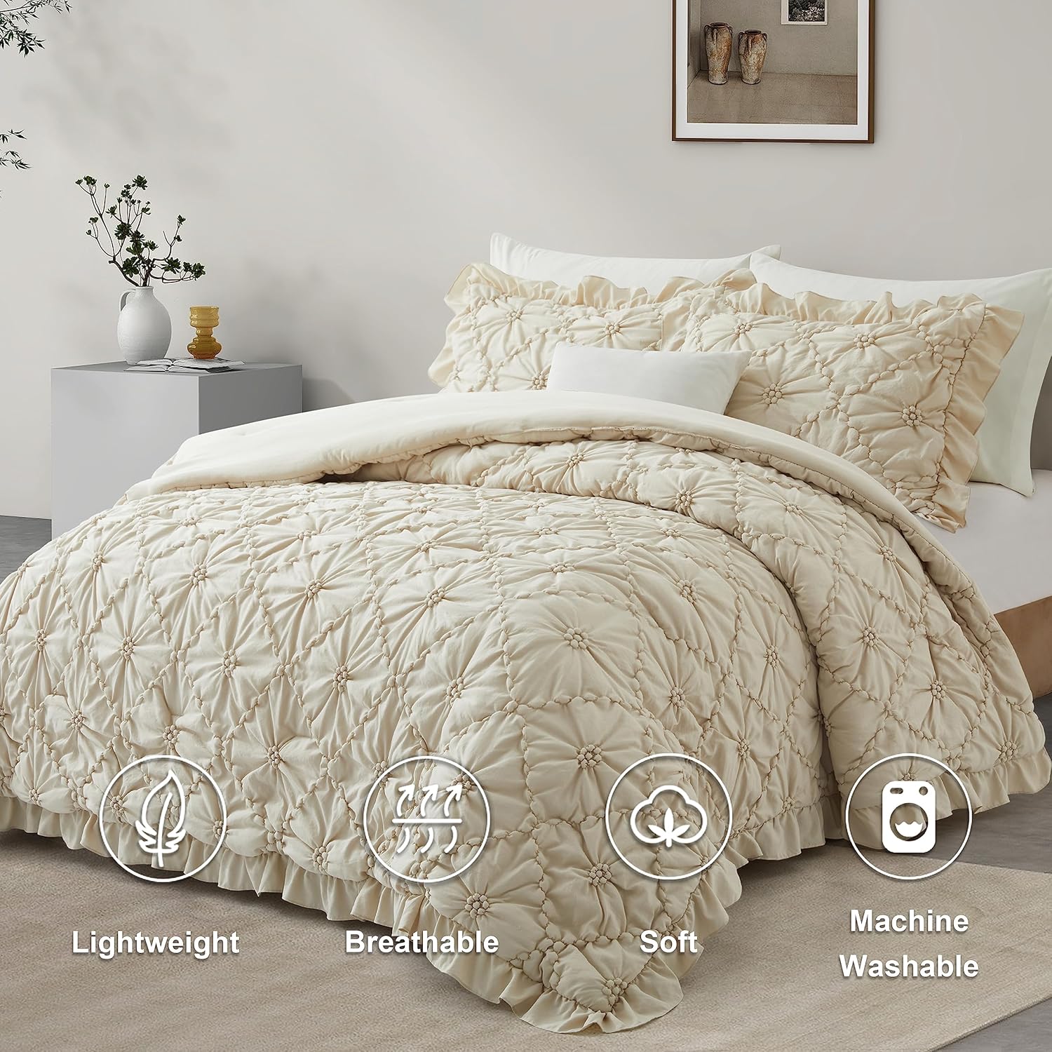 BEDAZZLED Queen Size Comforter Sets, Beige Bedding Comforter Set, 3 Pieces Pinch Pleat Bedding Sets with Comforter and Pillowcases Soft Farmhouse Shabby Chic Comforter for All Season - Image 2