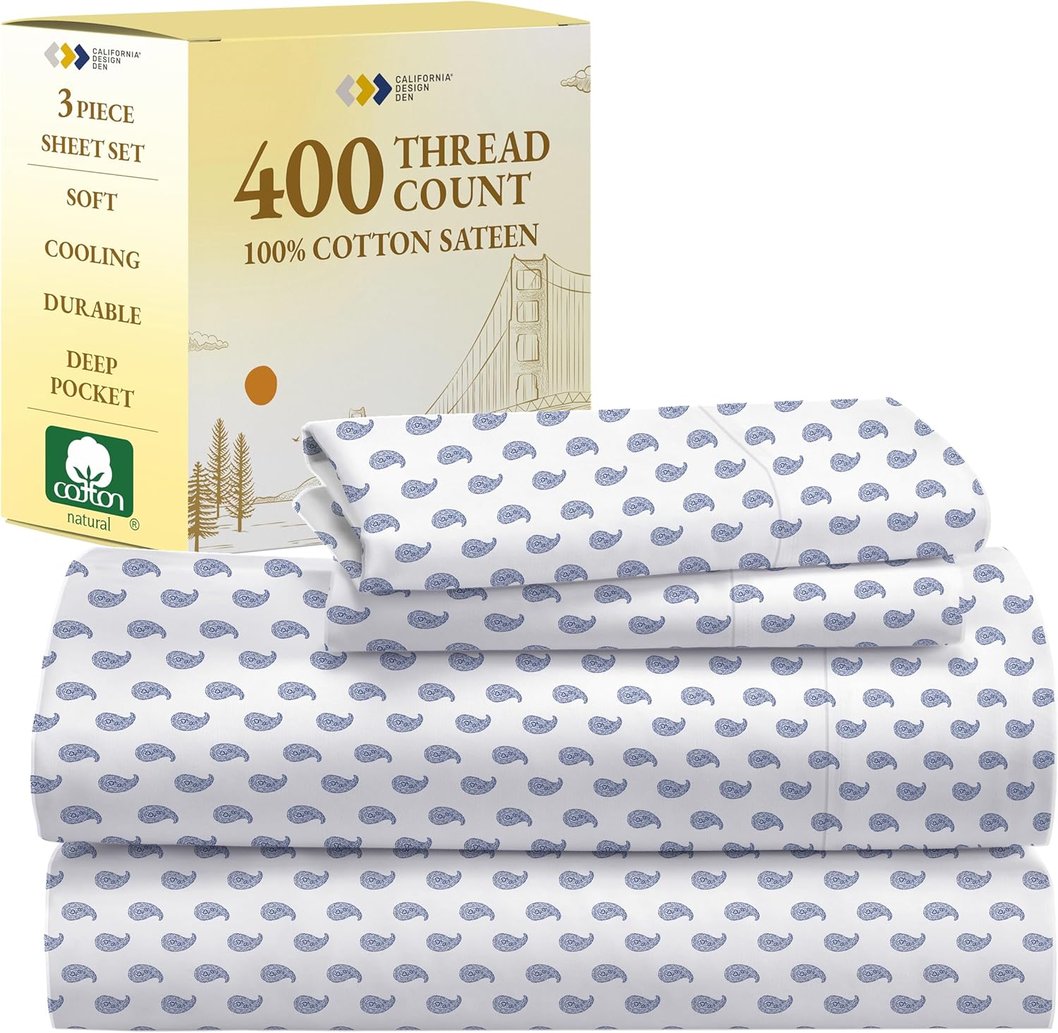 California Design Den King Size Sheets Set - Soft 400 Thread Count Sateen, Natural 100% Cotton Sheets King Size, Deep Pockets with All Around Elastic for a Snug Fit, Cool & Durable Bedding - White - Image 105