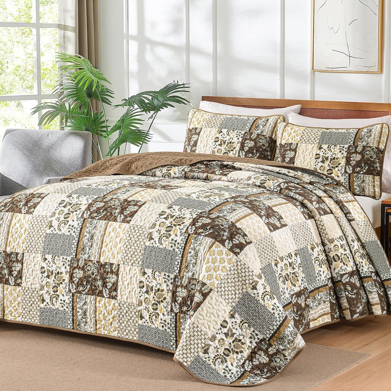 WONGS BEDDING Green Quilt Set King Size,Green Patchwork Plaid Printed Bedspread Coverlet Set,3 Pieces Summer Soft Microfiber Boho Bedding Set with 1 Quilt 2 Pillowcases - Image 8