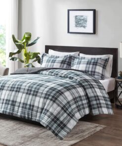 Madison Park Essentials Parkston Plaid Comforter, Matching Sham, 3M Scotchguard Stain Release Cover, Hypoallergenic All Season Bedding-Set, Full/Queen, Black, 3 Piece