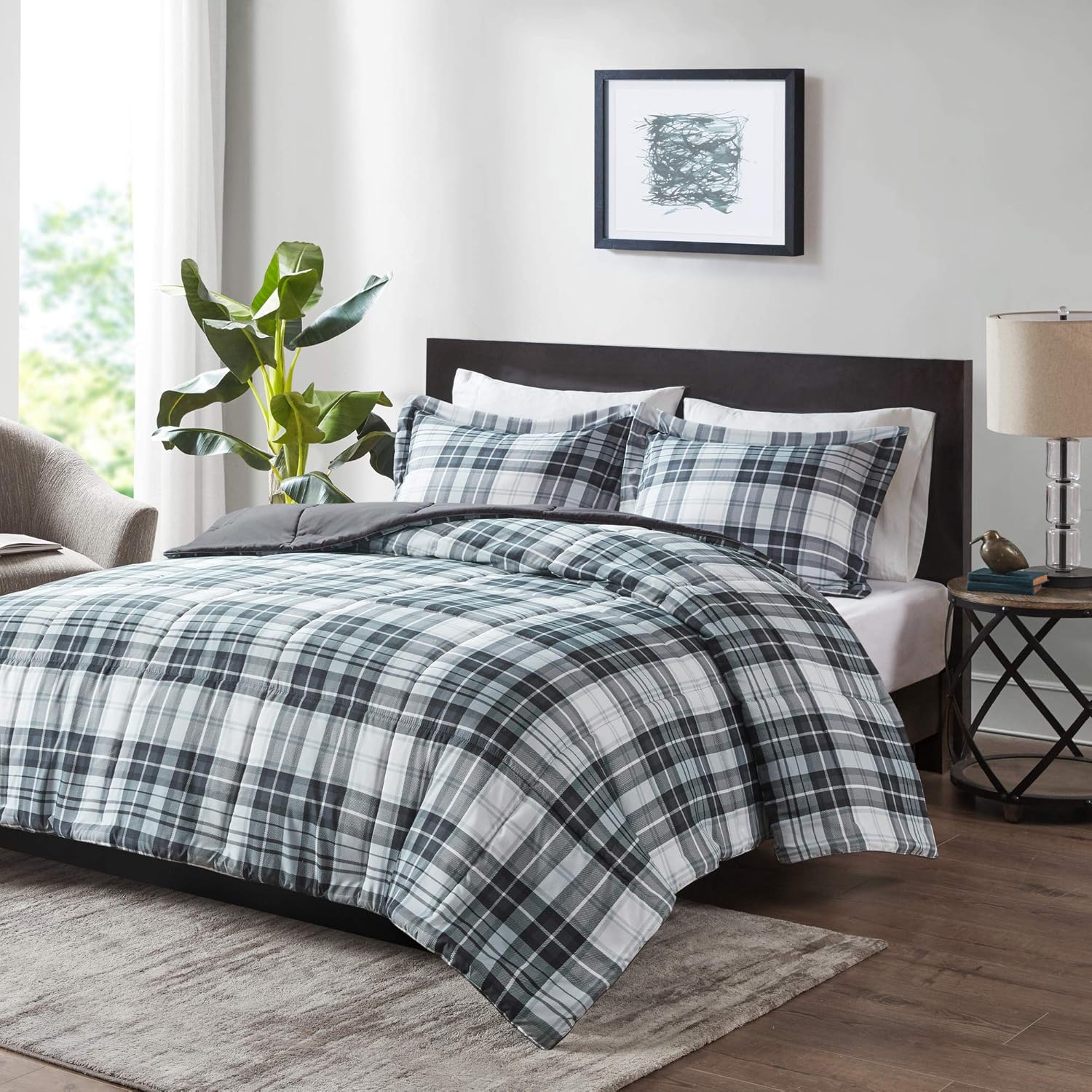 Madison Park Essentials Parkston Plaid Comforter, Matching Sham, 3M Scotchguard Stain Release Cover, Hypoallergenic All Season Bedding-Set, Full/Queen, Black, 3 Piece