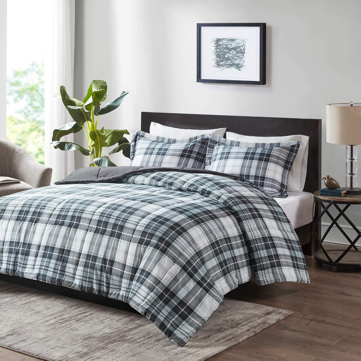 Madison Park Essentials Parkston Plaid Comforter, Matching Sham, 3M Scotchguard Stain Release Cover, Hypoallergenic All Season Bedding-Set, Full/Queen, Grey, 3 Piece - Image 9