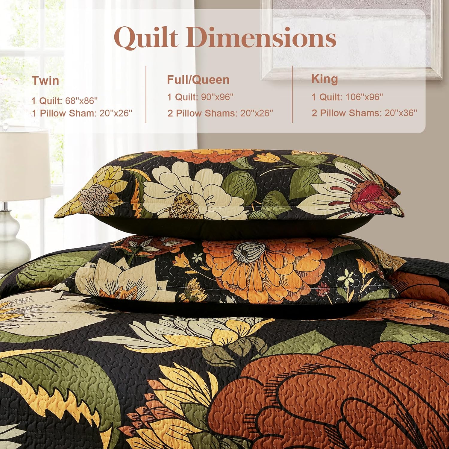 3 Piece Black Boho Floral Full/Queen Quilt Sets Reversible Farmhouse Botanical Lightweight Bedspread Coverlet with 2 Shams Mid Century Microfiber Fall Bedding Quilts Set for All Season,90''x96'' - Image 6