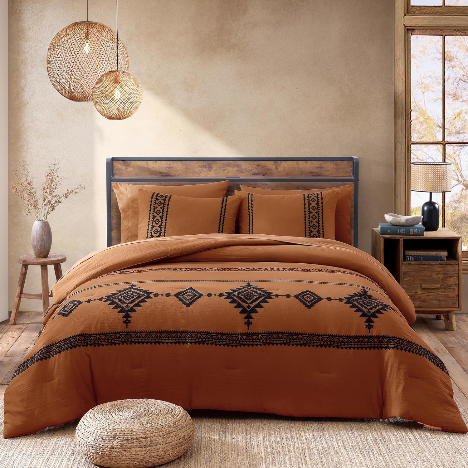 MaiRêve Burnt Orange Embroidery Comforters Set Queen Size - 7 Pieces, Farmhouse Western Bedding All Season, Bed in A Bag Queen Boho Comforter Set with Sheets, Pillowcases & Shams - Image 4