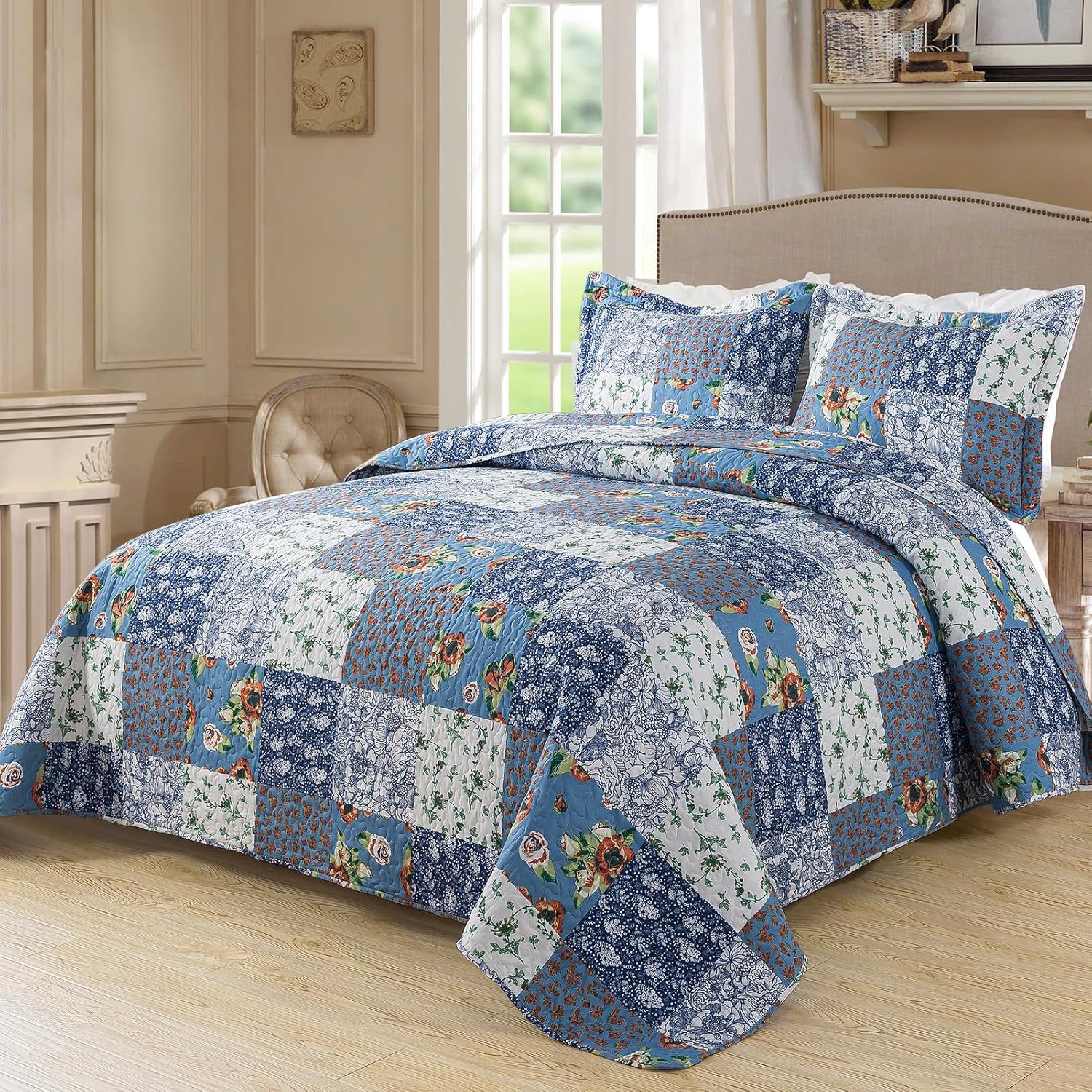 BEDIFANY Cotton King Size Quilt Sets, Lightweight King Quilt Bedding Set (98 x 106 inch) Garden Style Floral Bedspread King Size Coverlet Set for Bed Decorations - All Seasons, 3 Pieces - Image 20