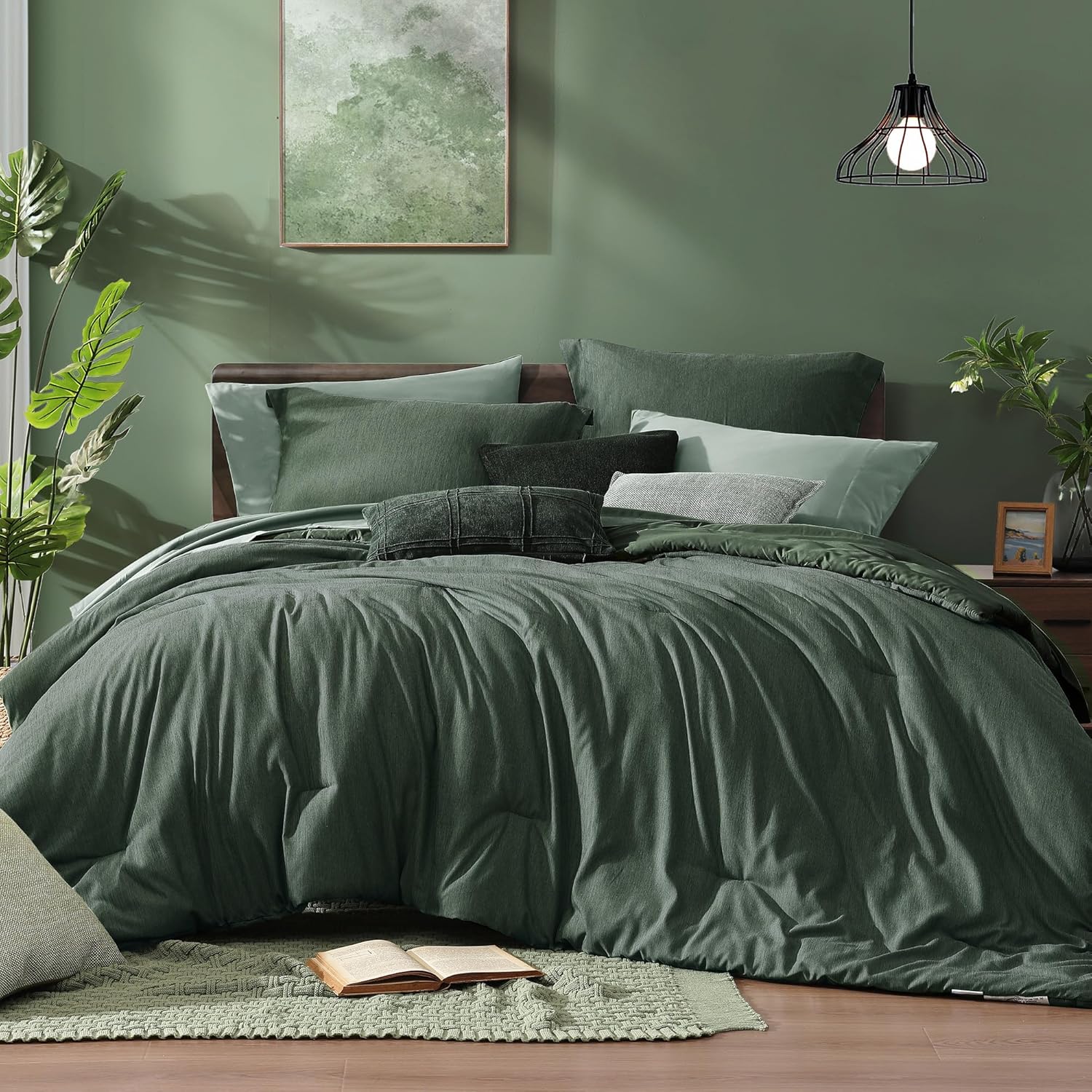 Monbix Queen Comforter Set - 7 Pieces Cationic Dyeing Olive Green Bed in a Bag Queen Bedding Sets with Comforter, Sheets, Pillowcases & Shams, Reversible Bedding Comforters Sets - Image 13