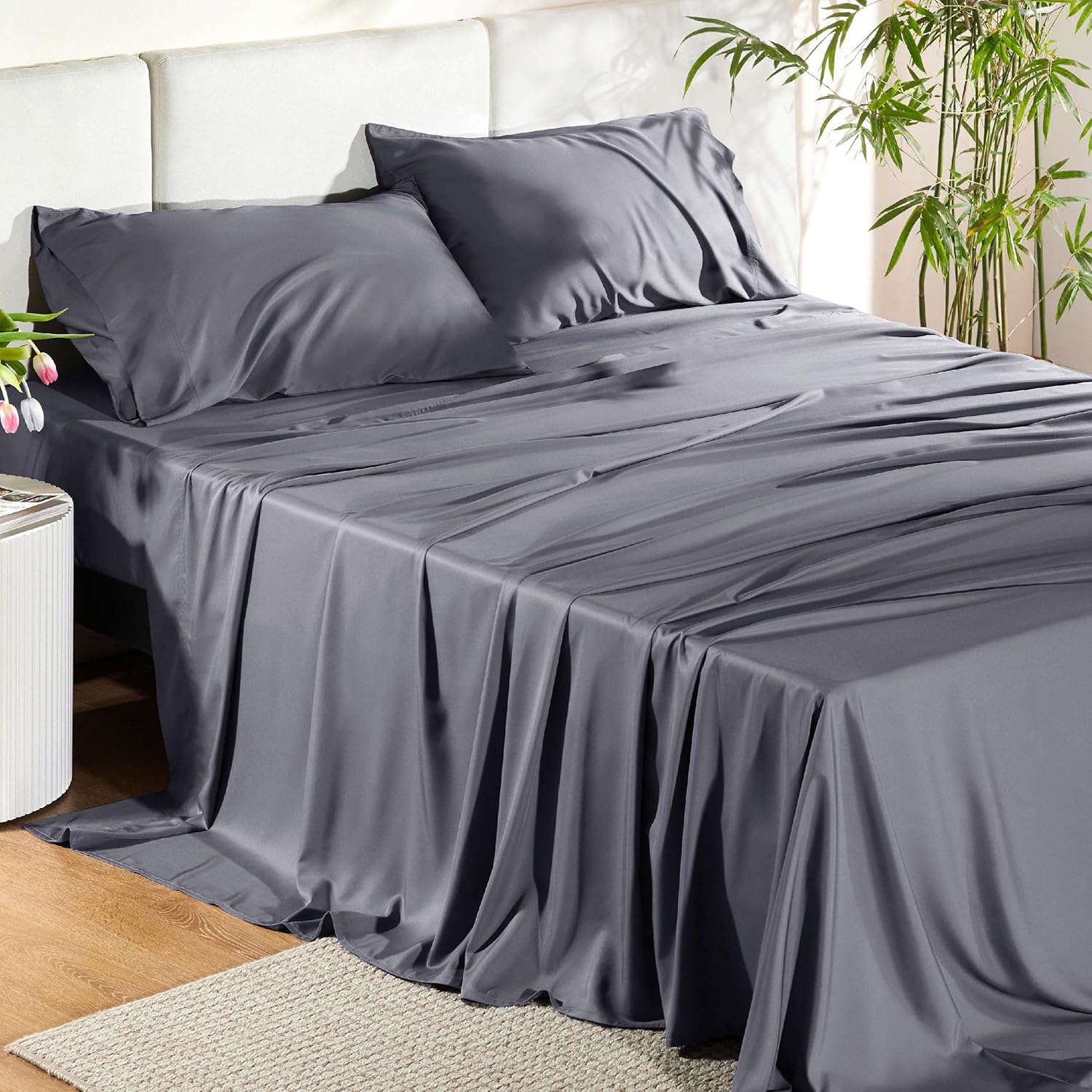 Bedsure King Size Sheets Set, Cooling Sheets for Hot Sleepers, Rayon Derived from Bamboo, Breathable & Soft, Deep Pocket Up to 16 Inches, Hotel Luxury Silky Bedding, Dark Grey