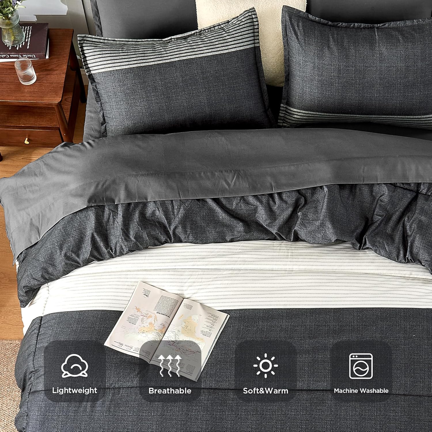 Andency Queen Comforter Set 7 Pieces Bed in a Bag - Black White Grey Striped Lightweight Soft Microfiber All Season Queen Size Bedding Set with Comforter, Fitted & Flat Sheet, Pillowcases & Shams - Image 5