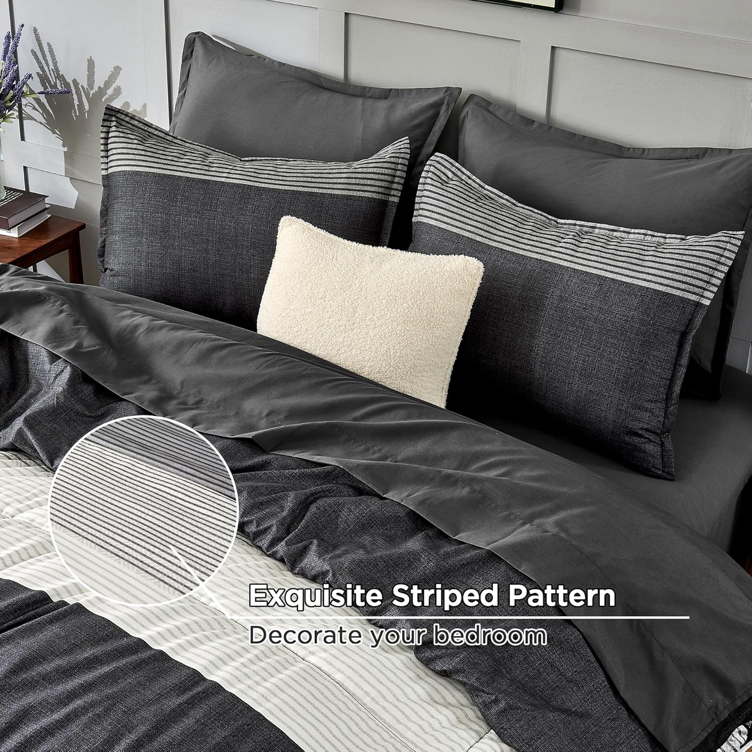 Andency Queen Comforter Set 7 Pieces Bed in a Bag - Black White Grey Striped Lightweight Soft Microfiber All Season Queen Size Bedding Set with Comforter, Fitted & Flat Sheet, Pillowcases & Shams - Image 3