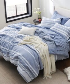 Bedsure Queen Comforter Set 7 Pieces, Blue Striped Bedding Set for All Seasons, Reversible, Cationic Dyeing Bed in a Bag with Comforter, Sheets, Pillowcases & Shams
