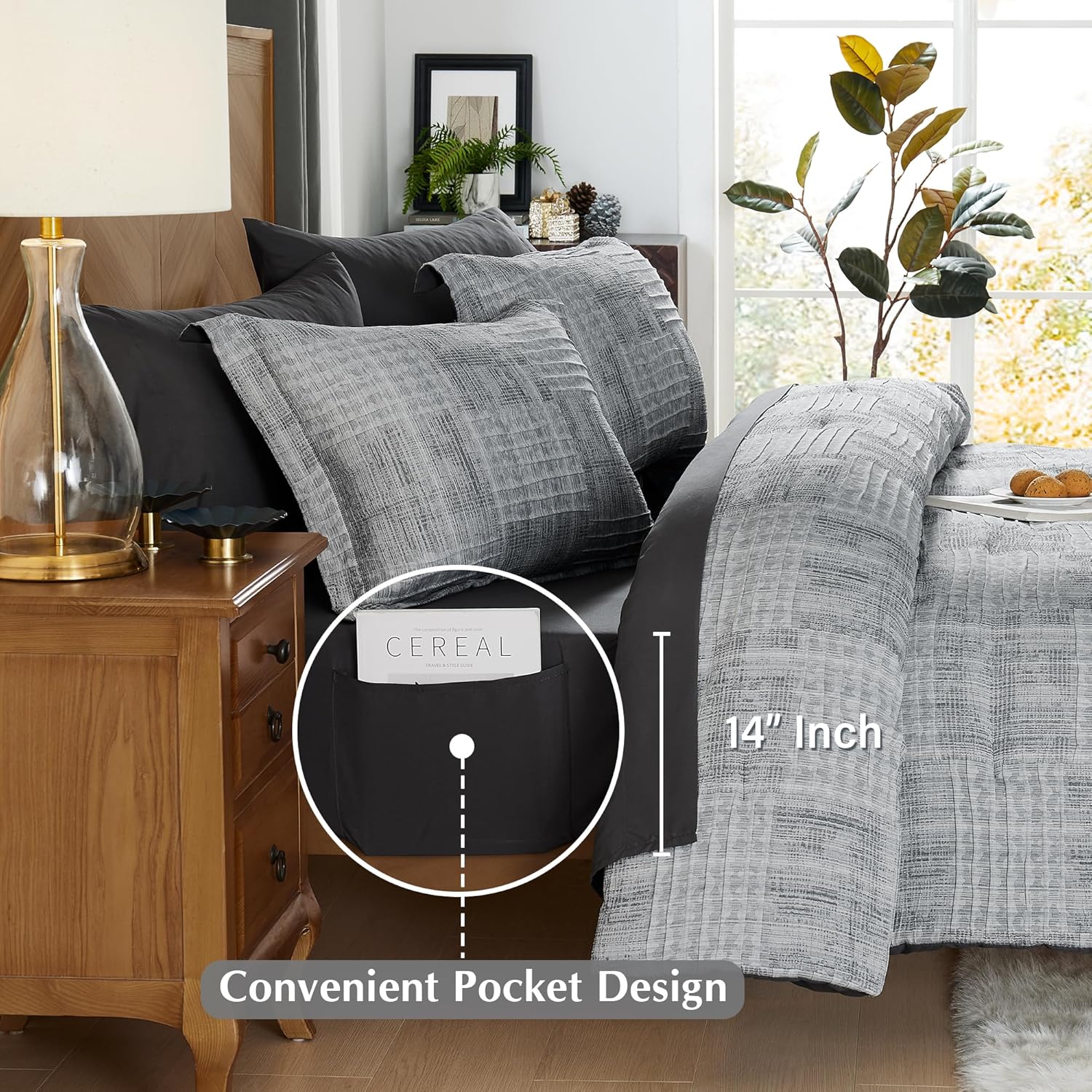 MaiRêve Charcoal Grey Queen Comforter Set, Textured Design Grey Crinkle Bed in A Bag Queen Size, Queen Comforter Set with 7 Pieces with Comforter, Sheets, Pillowcases & Shams 90"x 90" - Image 5