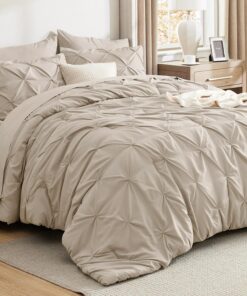 Bedsure Queen Comforter Set Beige - Bed in a Bag Queen Size Bedding 7 Pieces, GentleSoftâ„¢ Pintuck Bed Set Gift for Family, Pinch Pleat All Season Comforter with Sheets, Pillowcases & Shams
