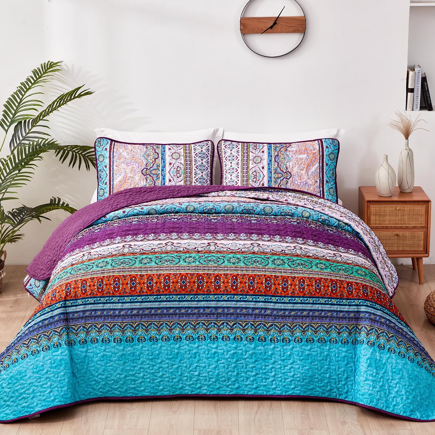 WONGS BEDDING Bohemian Quilt Set King Size, Boho Striped Printed Bedding Bedspread Coverlet Set for All Season, Lightweight Microfiber Quilts with 2 Pillowcases 104"x90" (3 Pieces, Colorful) - Image 31