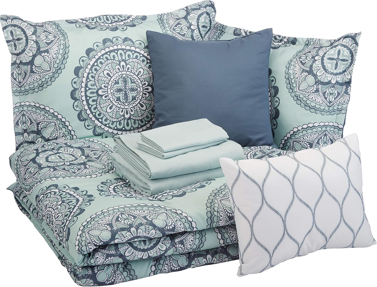 Amazon Basics 10-Piece Bed-in-a-Bag - Soft, Easy-Wash Microfiber - Full/Queen, Sea Foam Medallion, Floral