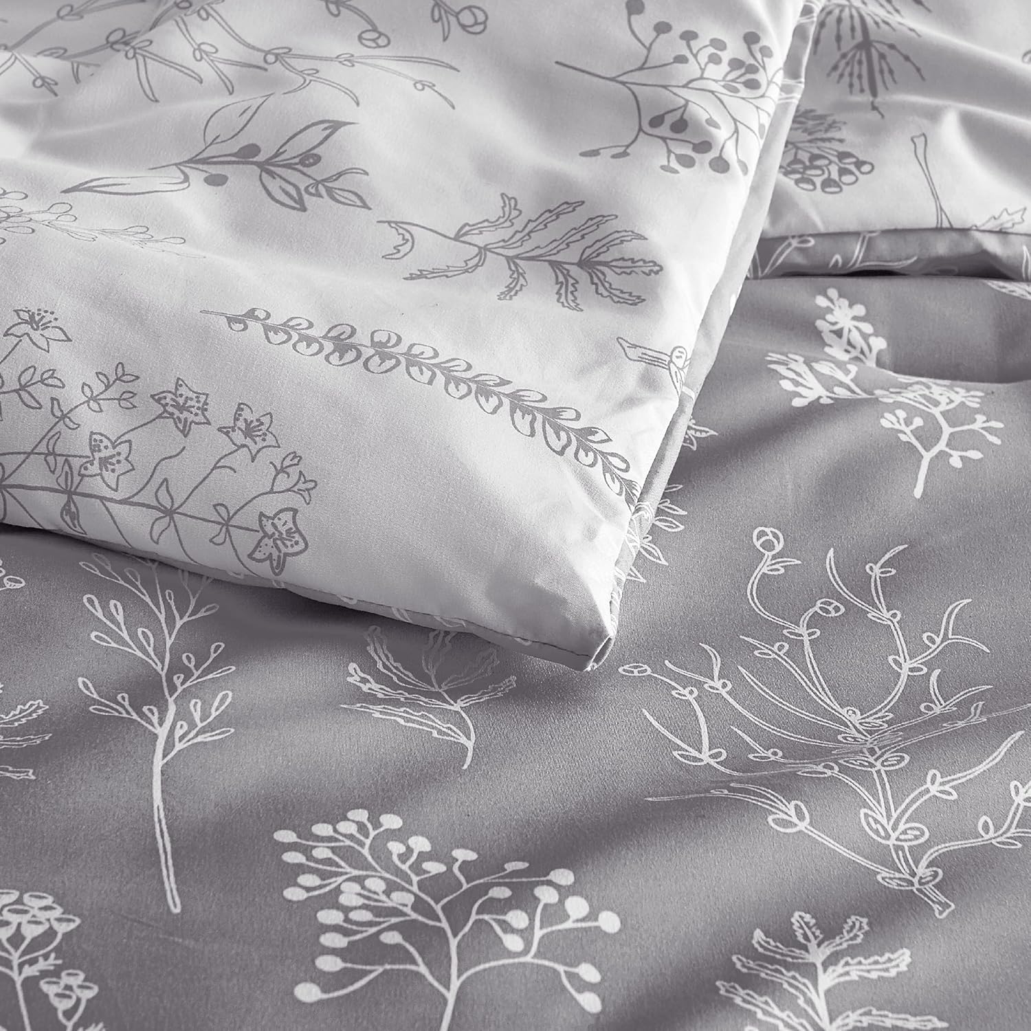 Bedsure Queen Comforter Set - Grey Bed Set, 3 Pieces Cute Floral Bedding, 1 Soft Reversible Botanical Flowers Comforter and 2 Pillow Shams - Image 5