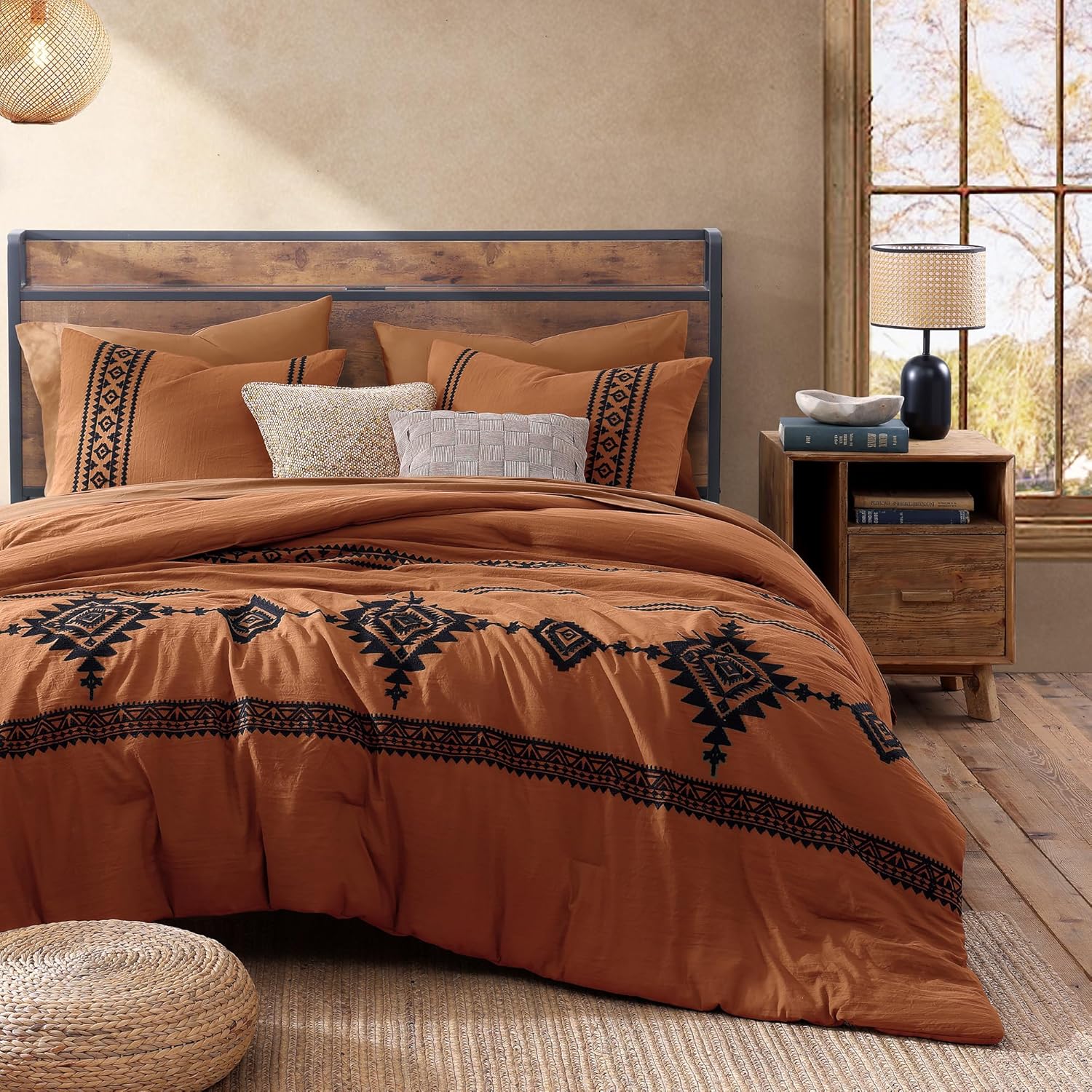 MaiRêve Burnt Orange Embroidery Comforters Set Queen Size - 7 Pieces, Farmhouse Western Bedding All Season, Bed in A Bag Queen Boho Comforter Set with Sheets, Pillowcases & Shams - Image 2