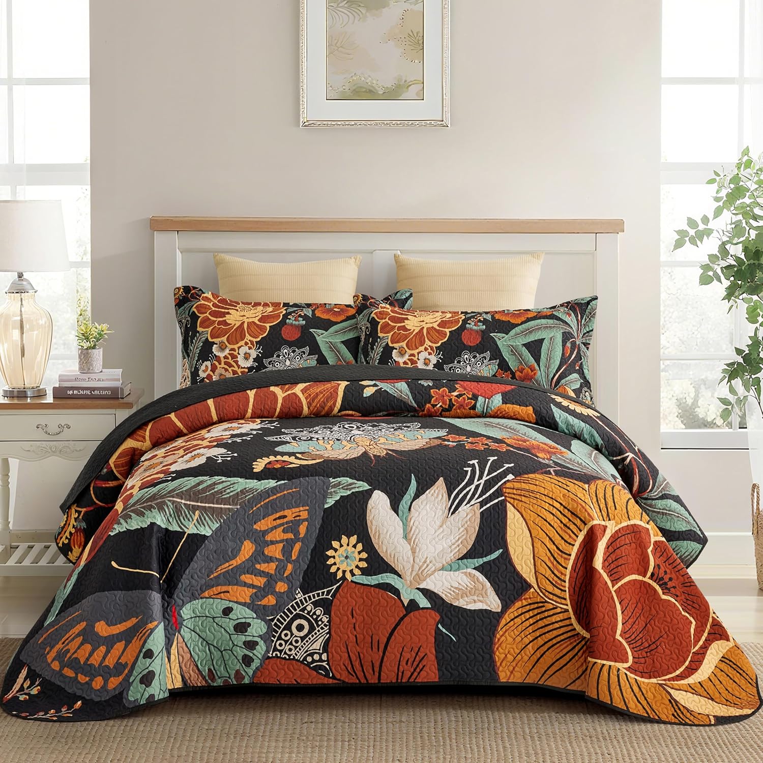 3 Piece Black Boho Floral Full/Queen Quilt Sets Reversible Farmhouse Botanical Lightweight Bedspread Coverlet with 2 Shams Mid Century Microfiber Fall Bedding Quilts Set for All Season,90''x96'' - Image 13