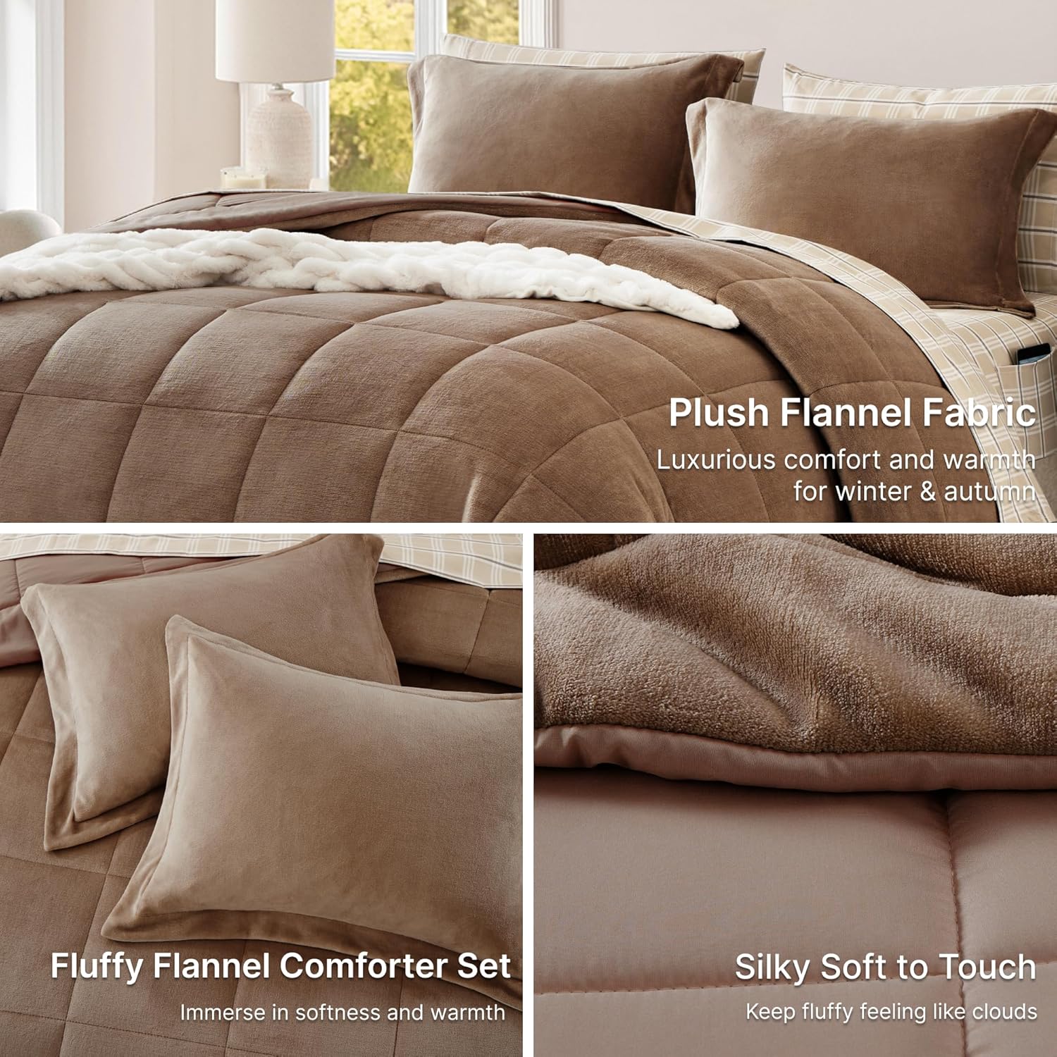 Plush Queen Comforter Set Brown, Flannel Velvet Comforter Sets 7 Pieces Bed in a Bag, Soft Warm Winter Bedding Set with Sheets, Pillowcases & Shams - Image 4