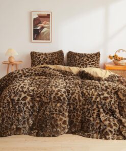 XeGe Cheetah Print Fluffy Faux Fur Duvet Cover Set, 3 Pieces Soft Plush Shaggy Fuzzy Bedding Set(1 Faux Fur Leopard Print Comforter Cover + 2 Furry Pillowcases), Zipper Closure(Queen, Brown)