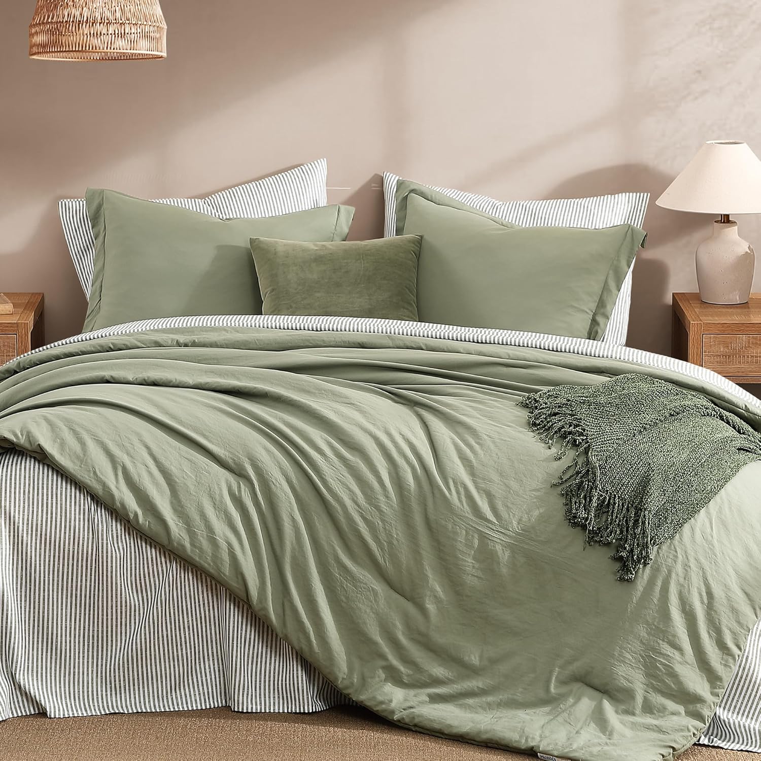 Monbix Queen Comforter Set - 7 Pieces Olive Green Prewashed Bed in a Bag Queen Bedding Sets with Comforters, All Seasons Ultra Soft Comforter Bed Set with Sheets,Pillowcases & Shams - Image 2