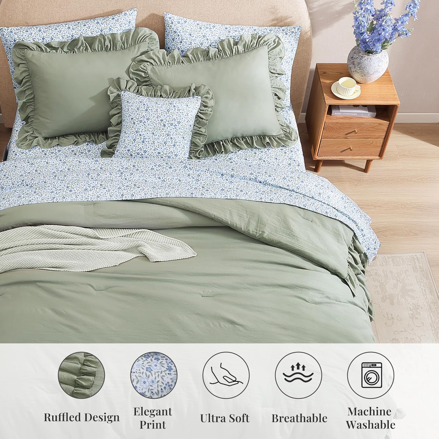 King Comforter Set - 7 Pieces Ruffle Sage Green Bedding Sets, Shabby Chic Farmhouse Bed in a Bag King with Ruffle Comforter, Floral Sheets, Pillowcases & Shams - Image 6