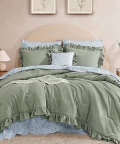 King Comforter Set - 7 Pieces Ruffle Sage Green Bedding Sets, Shabby Chic Farmhouse Bed in a Bag King with Ruffle Comforter, Floral Sheets, Pillowcases & Shams