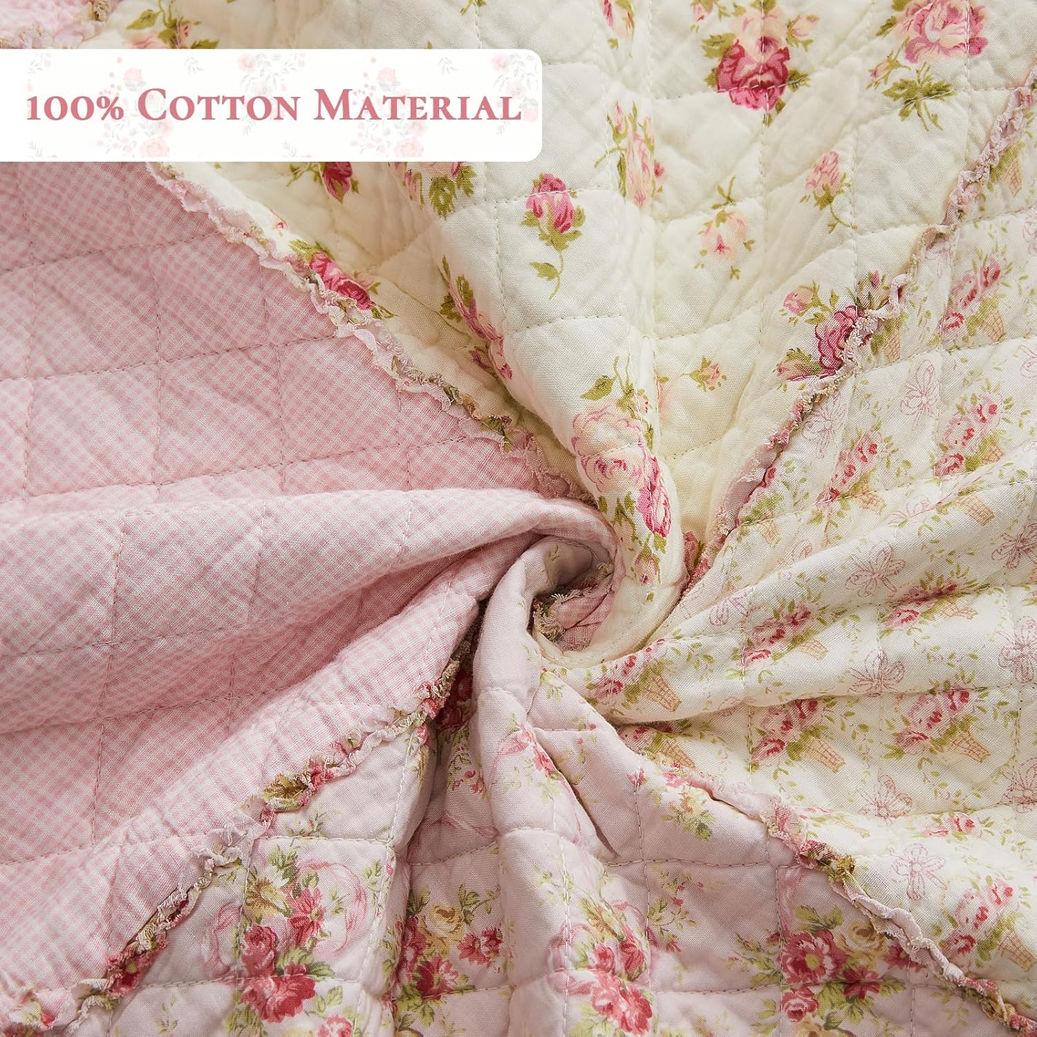 Cozyholy Queen Size Quilt Set 3-Piece, 100% Cotton Patchwork Quilt, Pink Floral Reversible Shabby Chic Bedding Bedspread for All Season, Soft Quilted Blanket with 2 Pillow Shams Machine Washable - Image 4